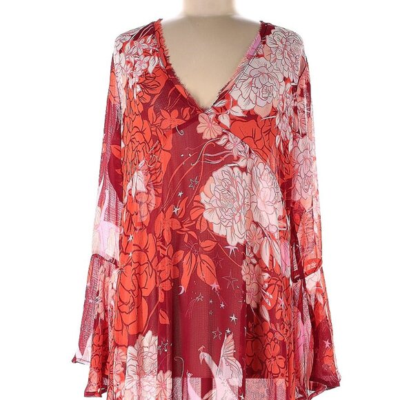 🦚 Free People Moroccan Ruffle Maxi Dress Peacock Roses Print Sheer Boho Tiered - Picture 5 of 12